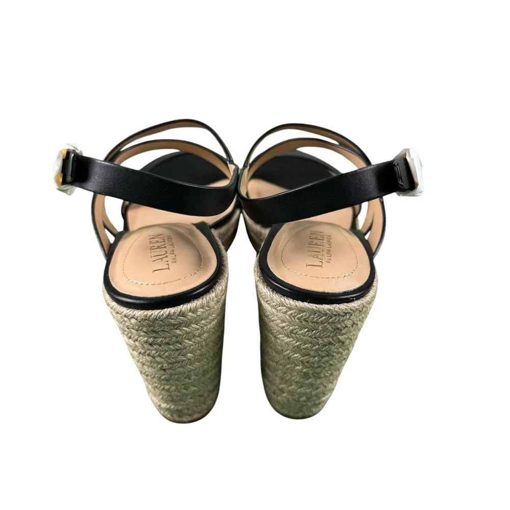 Lauren Ralph Lauren Haleigh Black Leather Platform Wedge Sandals Womens 11B NIB